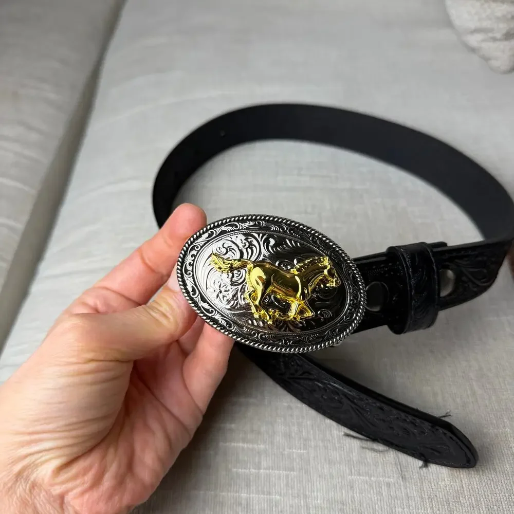New Kids Western Genuine Leather Belt Embossed Cowboy Cowgirl Bull Horse